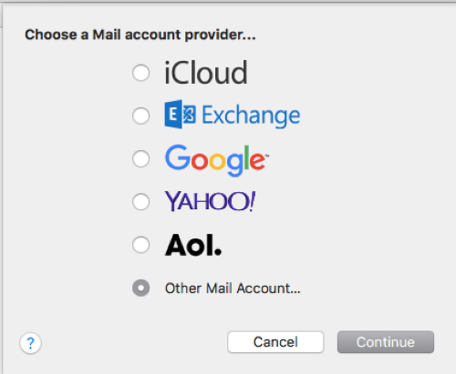 Mail Account Providers List (iCloud, Exchange, Google, Yahoo, Aol, Other)
